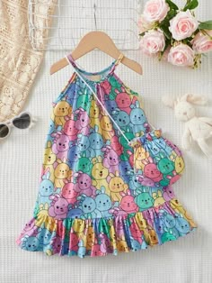 SHEIN Kids QTFun Toddler Girls Cartoon Graphic Ruffle Hem Halter Dress With Bag | SHEIN USA Kids Summer Dresses, Baby Clothes Patterns Sewing, Kids Clothes Patterns, Shein Kids, Sewing Kids Clothes, Kids Frocks Design, Kids Dress Patterns, Kids Dress Wear