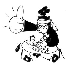 a black and white drawing of a person sitting at a table with a megaphone