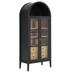 a black cabinet with two drawers and an arched glass door on the front, side view