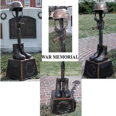 The Fallen Solider Battle Cross, this is the customary arrangement of boots, rifle and helmet used by soldiers to memorialize and remember fallen comrades in arms. Art Tips, Drawing Ideas, Soldier, Sculpture, Boots