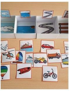 several cards with pictures of different vehicles and cars on them, all in white boxes