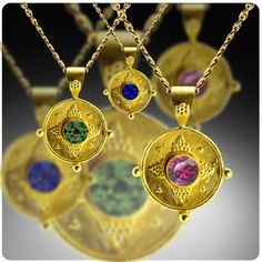 Roman inspired 22K assorted gemstone pendants #22K #granulation #ancienttechniques #ancientinspiration #highkaratgold #tourmaline #bluesapphire #customorders #coloredstones #goldsmith #GIAAlumni #22kpendants #fabricatedjewelry #handcraftedgoldjewelry Gold Sapphire Gemstones, Spiritual Yellow Gold Jewelry With Stone Setting, Byzantine Style Round Gemstone Jewelry, Spiritual Gold Gemstones, Byzantine Gemstone Jewelry For Gift, Spiritual Gold Jewelry With Gemstone Accents, Luxury Gold Pendant Gemstones, Artisan Gold Necklace With Gemstone Accents, Luxury Gold-colored Gemstones