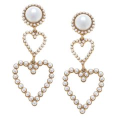 Elevate any outfit with the timeless elegance of our Isla Pearl Heart Drop Earrings. Details Base Metal with Worn Gold Plating Glass Pearls 2.4" Length Elegant Metal Earrings With Heart Charm, Elegant Heart Beads Earrings For Wedding, Elegant Double Heart Metal Earrings, Elegant Wedding Heart Beaded Earrings, Elegant Metal Earrings With Heart Beads, Elegant Party Earrings With Heart Beads, Elegant Double Heart Earrings For Party, Elegant White Metal Heart Earrings, Elegant Heart Bead Earrings For Party