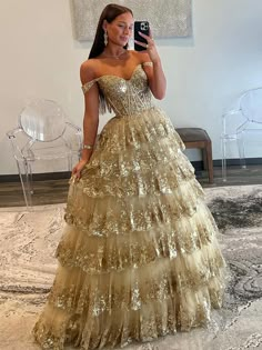 Gold Glitter Long Dress, A Line Off The Shoulder Prom Dress, Golden Dress Long Prom, Gold Sparkly Prom Dresses Glitter, Gold Puffy Prom Dresses, Gold Tulle Prom Dress, Great Gatsby Dresses Prom, Prom Dress Inspiration Gold, Sweet 16 Gold Dress