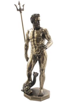 a bronze statue of a man holding a spear and a fish on a white background