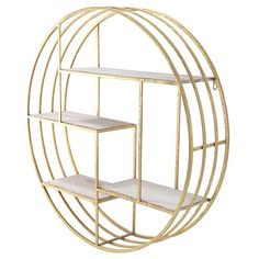 a gold metal shelf with shelves in the shape of a circle