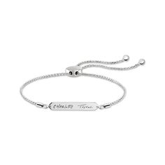 As a gift for yourself or someone else, this chic bolo bar bracelet is perfectly personalized. Sterling silver The bar centerpiece features a message of your choice in your handwriting — provided by you and expertly transferred using modern technology The wheat chain and sliding bolo clasp adjust to 9.5 inches Please follow these steps: 1) Place your order; 2) Text your photo from your smartphone to (330) 435-8997; and 3) When prompted, please respond with your Order Confirmation #. Standard tex Adjustable Engraved Silver Chain Bracelet, Silver Engraved Chain Bracelet For Personalized Gift, Adjustable Engraved Name Bracelet In Sterling Silver, Personalized Silver Name Bracelet With Engraved Text, Adjustable Silver Name Bracelet With Engraved Text, Please Respond, Order Confirmation, Bar Bracelet, Bar Bracelets