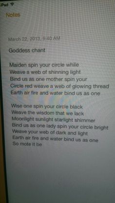 the text on the computer screen reads, goddess chat maiden spin your circle while weaves a web of spinning light