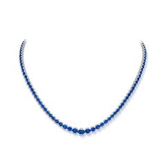 Bold in blue, this gorgeous 18 karat white gold necklace features 14.96 total carats of oval cut blue sapphires that graduate in size as 3.55 total carats of round brilliant cut diamonds accent the top and bottom of each stone. Reference Code: 34835 Shop other beautiful pieces in our Necklace Collection.For inquiries on the piece please contact: boutique@shsilver.com Paris Ring, White Gold Necklace, White Gold Sapphire, Jewelry Appraisal, Necklace Collection, Bridal Engagement Rings, White Gold Necklaces, Bridal Bands, Engagement Ring Wedding Band