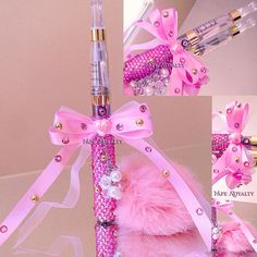 a pink teddy bear is tied up to a pole with pearls and bows on it