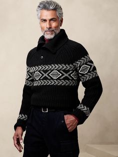 Arran Fair Isle Sweater | Banana Republic Men’s Fair Isle Sweater, Black Christmas Sweater, Aran Sweaters, Resort Casual, Ski Holiday, Mens Sweaters, Fair Isle Cardigan, Take Shelter, Aran Sweater