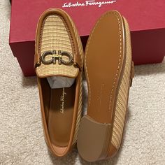 Made In Italy. Size Is 6c. Comes With Dust Bag. New In Box! Elegant Slip-on Moccasins With Woven Sole, Designer Beige Slip-on Loafers, Elegant Brown Calf Leather Flats, Elegant Brown Flats With Leather Sole, Beige Almond Toe Calf Leather Loafers, Classic Beige Loafers With Woven Sole, Designer Brown Calf Leather Loafers, Elegant Loafers With Woven Sole And Round Toe, Beige Calf Leather Loafers For Business