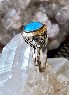 Beautiful Sterling Silver 14kt Gold Blue Opal Vintage Ring Ring size 9 1/4 Fine Jewelry Blue Cabochon Sapphire Ring, Blue Cabochon Sapphire Ring In Fine Jewelry Style, Blue Cabochon Sapphire Ring In 14k Gold, Classic Blue Oval Cabochon Rings, Elegant Blue Gemstone Dome Ring, Blue Oval Cabochon Sapphire Ring, Classic Blue Oval Opal Ring, Blue Opal Birthstone Ring In 14k Gold, Blue Opal Birthstone Ring In Sterling Silver