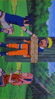 two anime characters standing next to each other in front of a tree and grass area