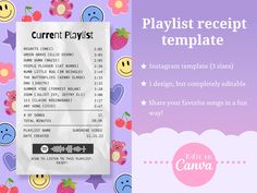 a playlist receipt sitting on top of a purple background with smiley faces around it