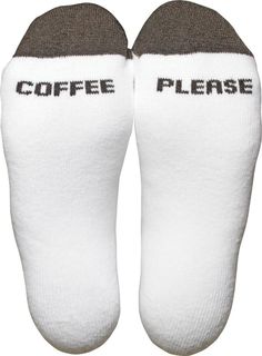 two white socks with coffee please written on them