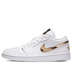 (WMNS) Air Jordan 1 Retro Low 'White Metallic Gold' CZ4776-100 Gold Sneakers With Metallic Logo For Streetwear, Classic Gold Sneakers For Streetwear, Gold Luxury Sneakers With Metallic Logo, Luxury Gold Sneakers With Metallic Logo, Krewe Sunglasses, Jordan 1 Low White, Wmns Air Jordan 1, Jordan 1 Sneakers, Cool Kicks