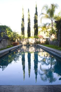 an empty swimming pool with trees in the background