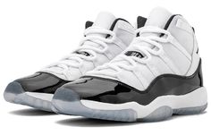 The Nike Air Jordan 11 "Concord" delivers luxury and chicness with its signature glossy patent leather outlining the upper. Embracing the white midsole is a layer of icy blue outsole, which gives a taste of simplicity. (SNKR/Heel/AJ11/High Top/Basketball) White Jordan 11, Air Jordan 11 Concord, Black And White Jordans, Jordan 11 Outfit, Back To High School, Nike Casual Shoes, Jordan 11 Outfit Women, Jordan Shoes For Men, Jordan 11 Concord