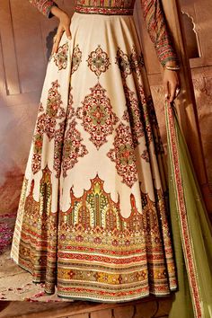 Multi color anarkali featuring floral embroidery on the yoke and Persian motif print on the flare. Accompanied by a soft net dupatta with contrast embroidered border., Fit: Relaxed Off White Anarkali, Anarkali With Dupatta, White Anarkali, Motif Flower, Color Pad, Persian Motifs, Print Embroidery, Embroidered Border, Net Dupatta