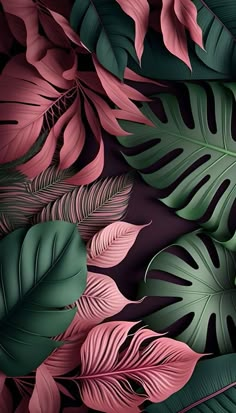 an image of tropical leaves in pink and green colors on a black background for wallpaper