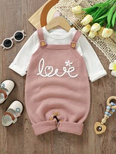 Rosa chiclete Casual Collar Sem Mangas Lã penteada Desenho Animado,Letra Macacão Embellished Elasticidade Média Newborn Baby Outfits, Newborn Girl Clothes, Fall Baby Clothes, Infant Clothes, Girls Sweater