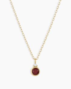 A modern heirloom. Introducing our take on a traditional style. Whether you wear yours or a loved one’s, a birthstone necklace is an easy way to add color and meaning to your look. This birthstone necklace features a 14k gold chain and diamond detail and makes for a perfect, personal gift. Garnet is January's birthstone. Product Details Diamond: 0.01 total carat weight, 1.3 mm GH SI1-SI3 Garnet: 0.15 total carat weight, 3 mm genuine garnet 14k solid gold 16" chain + 2" extender. Adjustable in 1" Gold Birthstone Necklace, Gorjana Jewelry, Garnet Birthstone, Garnet Red, Solid Gold Chains, 14k Gold Necklace, Pretty Rings, Gold Chain Necklace, Birthstone Necklace