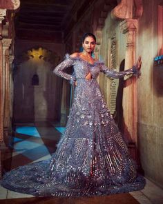 Grey Gown भारतीय दुल्हन संबंधी, Grey Gown, Wedding Sari, Off Shoulder Gown, Gowns Online, Gowns With Sleeves, Red Skirts, Wedding Collection, Indian Bridal