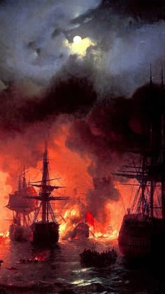 a painting of ships on fire in the ocean