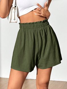 Women Loose Solid Color Ruffled Waist Casual Shorts Army Green Casual   Woven Fabric Plain Wide Leg Non-Stretch  Women Clothing, size features are:Bust: ,Length: ,Sleeve Length: Army Green, All Fashion, Women Clothing, Woven Fabric, Womens Bottoms, Casual Shorts, Length Sleeve, Latest Trends, Wide Leg