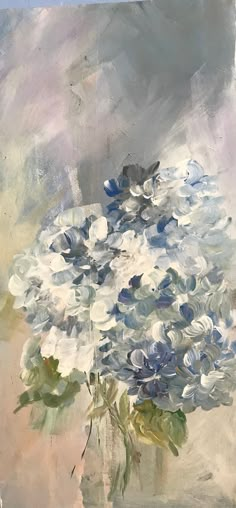 a painting of blue and white flowers in a vase