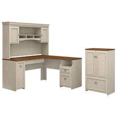 an office desk with two drawers and a hutch in the middle, along with a cabinet