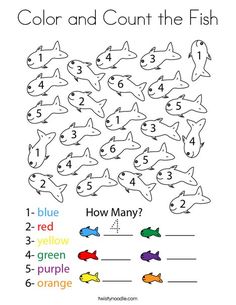 color and count the fish worksheet for kids to learn how to count numbers