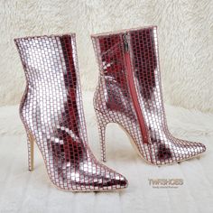 Pointed Toe Flashy Silver With Maroon Red Outlines Block Brick Pattern 5" Stiletto Heel Side Zipper Lightly Cushioned Foot-Bed Make A Statement! Silver Ankle-high Party Heels, Silver Ankle-high Heels For Party, Glamorous Shiny Party Boots, Shiny High Heel Party Boots, Glamorous Silver Ankle-high Heels, Trendy Metallic Boots For Night Out, Chic Shiny Boots For Party, Party Ankle Boots With 4-inch Heel, Silver Ankle-high Heels For Night Out