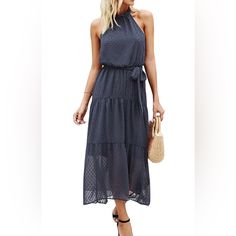 Purple Grey Women’s Casual Halter Neck Sleeveless. Long Maxi Dress. Backless. Sundress With Belt. 100% Viscose. Size Large. Chic Sleeveless Chiffon Evening Dress, Elegant Sleeveless Chiffon Sundress, Sleeveless Chiffon Sundress Midi Dress, Chiffon Sleeveless Midi Sundress, Chic Chiffon Sleeveless Dress For Garden Party, Elegant Sleeveless Sundress For Vacation, Sleeveless Chiffon Sundress For Brunch, Elegant Sleeveless Sundress For Garden Party, Sleeveless Halter Dress For Summer Garden Party