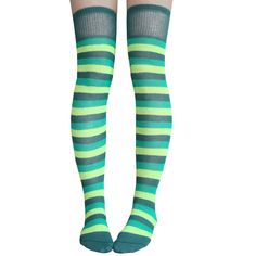 Bright And Cheerful, Just Like You! These Cute Thigh High Socks Feature Solid Horizontal Bands Of Bright Medium Green, Dark Green, And Lime Green. Made In Usa Size: Women's 7-11 Material: 80% Cotton, 20% Nylon & Elastic Length: 32” - 34” Before Stretched Cute Thigh High Socks, Striped Thigh Highs, Striped Thigh High Socks, Thigh High Sock, Thigh Socks, Goth Fashion Punk, Thigh High Boots Heels, Over The Knee Socks, Stocking Tights