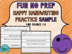 a purple smiley face with the words fun no prep happy handwriting practice sample for grade 1 - 3