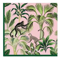 a pink and green napkin with monkeys, palm trees and other tropical plants on it