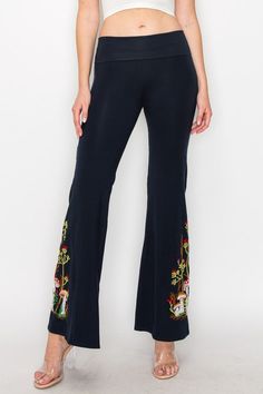 T-Party Mushroom Embroidered Yoga Pants - Navy Embroidered Fitted Wide Leg Bottoms, Fitted Embroidered Wide Leg Bottoms, Fitted Embroidered Long Bottoms, Fitted Embroidered Long Pants, Embroidered Stretch Wide Leg Bottoms, Stretch Embroidered Wide Leg Bottoms, Stretch Wide Leg Embroidered Bottoms, Fall Embroidered Fitted Pants, Fitted Full Length Embroidered Bottoms