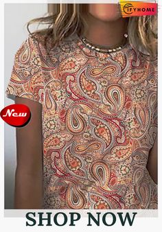 Paisley Vintage Short Sleeve T-shirt Patterned All Over Print T-shirt For Spring, Spring Patterned T-shirt With All Over Print, Summer Vintage Print Patterned Tops, Summer Patterned Crew Neck Tops, Casual Patterned Blouse With Vintage Print, Casual Patterned Spring T-shirt, Fall Patterned Short Sleeve Blouse, Casual Patterned Blouse With All Over Print, Casual Multicolor Vintage Print T-shirt