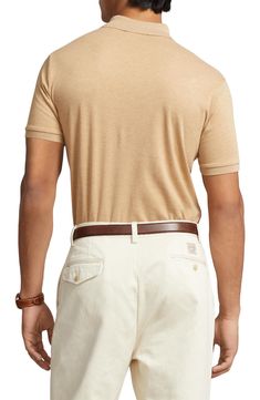 Rider embroidery subtly brands a short-sleeve polo cut from soft, breathable cotton for all-day comfort in classic style. 29" length (size Medium) Spread collar Short sleeves 100% cotton Dry clean or machine wash, tumble dry Imported Classic Relaxed Fit Polo Shirt For Golf, Classic Beige Polo Shirt With Collared Neckline, Classic Beige Polo Shirt With Johnny Collar, Fitted Classic Polo Shirt With Short Sleeves, Beige Casual Polo Shirt With Johnny Collar, Classic Fitted T-shirt For Business Casual, Classic Beige Polo Shirt For Summer, Classic Brown Polo Shirt With Collared Neckline, Classic Beige Summer Polo Shirt