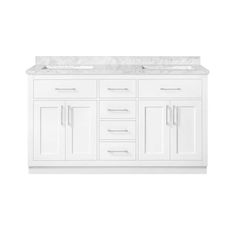 a white bathroom vanity with two sinks and cabinets