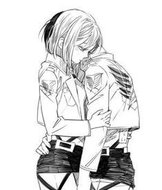 two anime characters hugging each other with their arms around one another, and the background is black and white