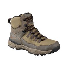 a pair of men's hiking boots with brown and tan laces on the side