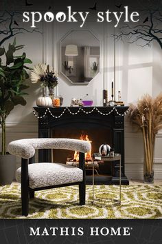 a living room filled with furniture and a fire place in front of a mirror on the wall