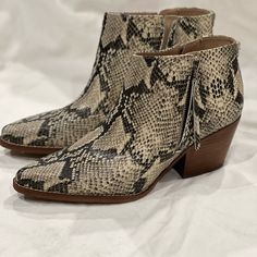 Sam Edelman Snakeskin Bootie With Side Zip. These Are So Great And Are Brand New With Tags. Brown Snip Toe Booties For Fall, Fall Brown Snip Toe Booties, Western Style Leather Sole Booties For Fall, Western Leather Boots With Snake Print, Leather Snip Toe Booties For Fall, Fall Leather Booties With Snip Toe, Western Boots With Snake Print And Round Toe, Western Leather Booties With Almond Toe, Beige Leather Sole Boots For Fall