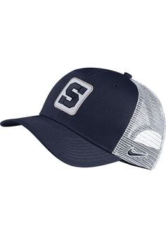 This Penn State Nittany Lions Navy Blue Adjustable Hat features a front team logo. Nike C99 Adjustable Hat, Front embroidered team logo, 100% cotton twill material, 6-panel design with eyelets, Fabric strap closure, Side Nike Swoosh, Curved Bill, Low Crown, Unstructured, Imported Custom Sportswear, Lion Tshirt, Eyelet Fabric, Nittany Lion, Fabric Strap, Nike Swoosh, Penn State, Adjustable Hat, Panel Design