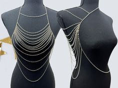 ✨ New Design Multilayer Evening Gown Chain: A Masterpiece of Elegance for Evening Gown, Strapless Dress and Beyond. A Perfect Bridesmaid Jewelry Collection! Great Opera Jewelry. This chain is also a perfect jewelry for a tank top.  📏 Specifications: Length:  - There are 5 sizes of this chain. The halter chain length and waist chain can be changed based on your preference. See the chain length size chart for specific chain lengths.    Material: Waterproof Plastic Pearl Bead Stainless Steel Chain Elegant Gold Chain Body Chain For Evening, Evening Body Chain With Chain Strap, Luxury Body Chain For Evening, Elegant Pearl Chain Body Chain For Evening, Elegant Metal Chain Link Body Chain, Open Dress, Shoulder Jewelry, Exquisite Gowns, Waist Chain