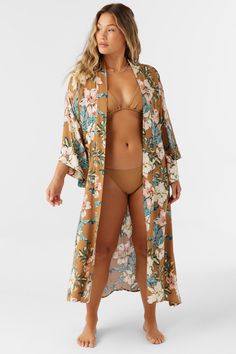 Cute and flowy kimono-style cover-up that's ready to wear over your favorite swimsuit. It has an oversized, relaxed fit, sheer viscose crinkle fabric and allover print. O'Neill Women's kimono-style cover-up 47" In length Removable belt Sheer fabric Allover print print 100% Viscose Crinkle | O'Neill Women's Jackey Printed Kimono Dress in Tobacc Brw, Size M/Large, Viscose Printed Kimono, Loungewear Outfits, Spring Suit, Loungewear Dresses, Crinkle Fabric, Denim Sweater, Boho Kimono, Womens Kimono, Print Kimonos