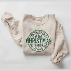 Farm Fresh Christmas Trees Sweater.  Cute seasonal crewneck. Add a touch of holiday cheer and excitement to your holiday celebrations. This sweatshirt is a super soft combination of cotton and polyester and will keep you warm all winter, and with our super soft dtf durable image this item will last many winters to come. This item is custom made to order in our home shop just for you as soon as your order is placed. --> OUR SWEATERS AND MATERIALS <-- 8 oz., 50% cotton, 50% polyester Heather Sport Christmas Sweaters Cricut, Christmas Sweater Cricut, Sweatshirt Designs Vinyl, Cute Christmas Sweaters, Outdoorsy Shirt, California Christmas, Farm Fresh Christmas Trees, Christmas Tree Sweater, Cute Christmas Sweater